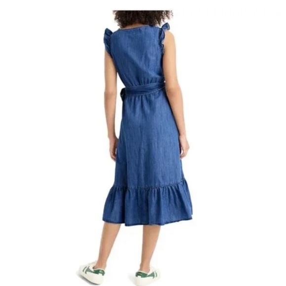 2/25 J Crew Denim Chambray Wrap Dress Ruffle Sleeveless Blue Jean springtime - Picture 9 of 9
